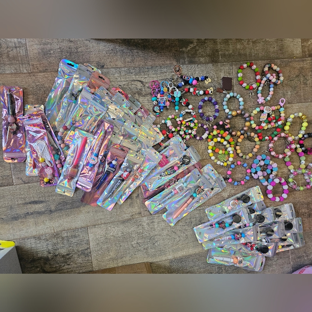 Grab Bag! 6 Random Silicone Beaded Items! Pens, Wristlets, Cup Charms, Keychains